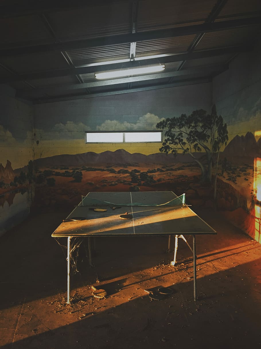 ping pong table indoor, ping pong table in center of landscape painted room, HD wallpaper
