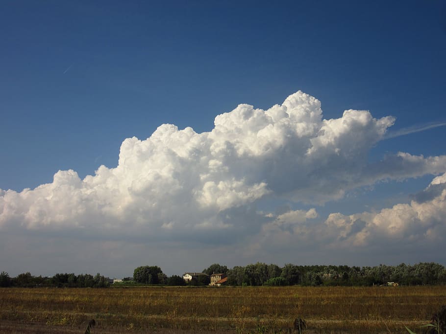 cumulus clouds, flat, fields, italy, picturesque, landscape HD wallpaper