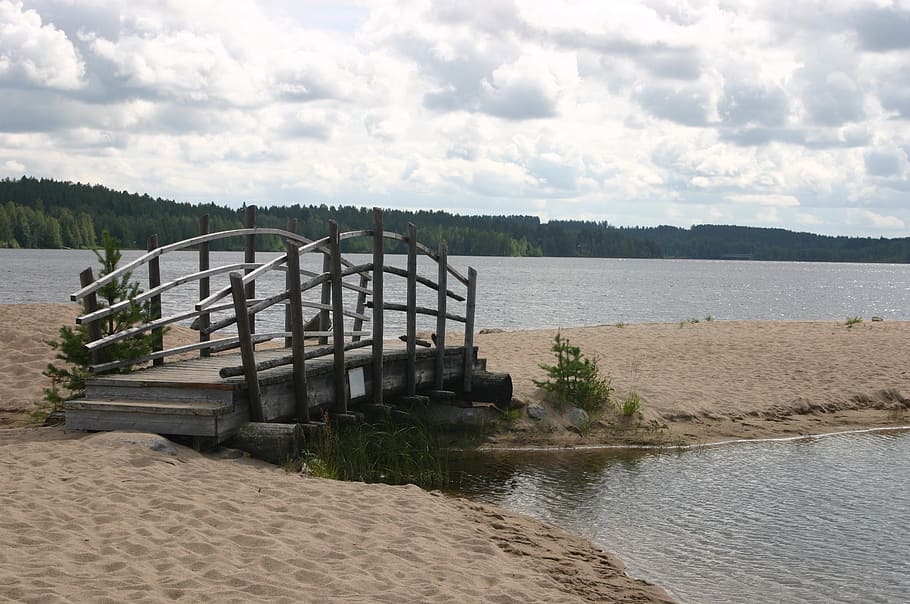 lake, bridge, sand, beach, the wooden bridge, water, finnish HD wallpaper
