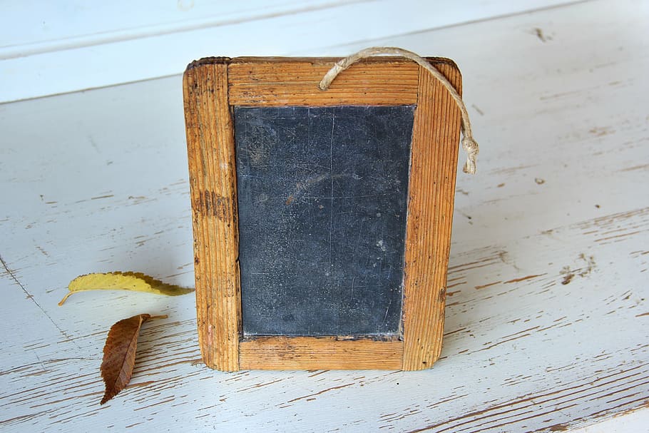 empty rectangular brown wooden photo frame, school, old, plate