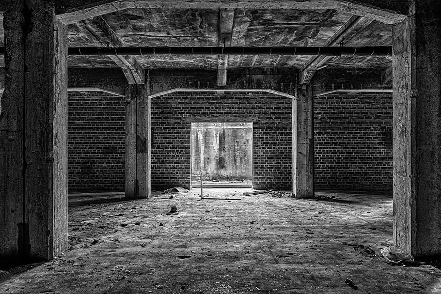 gray scale of concrete brick house, lost places, keller, space, HD wallpaper