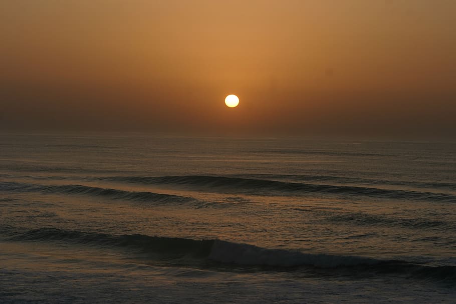 sun over horizon, sunset, atlantic, mimizan plage, west france, HD wallpaper
