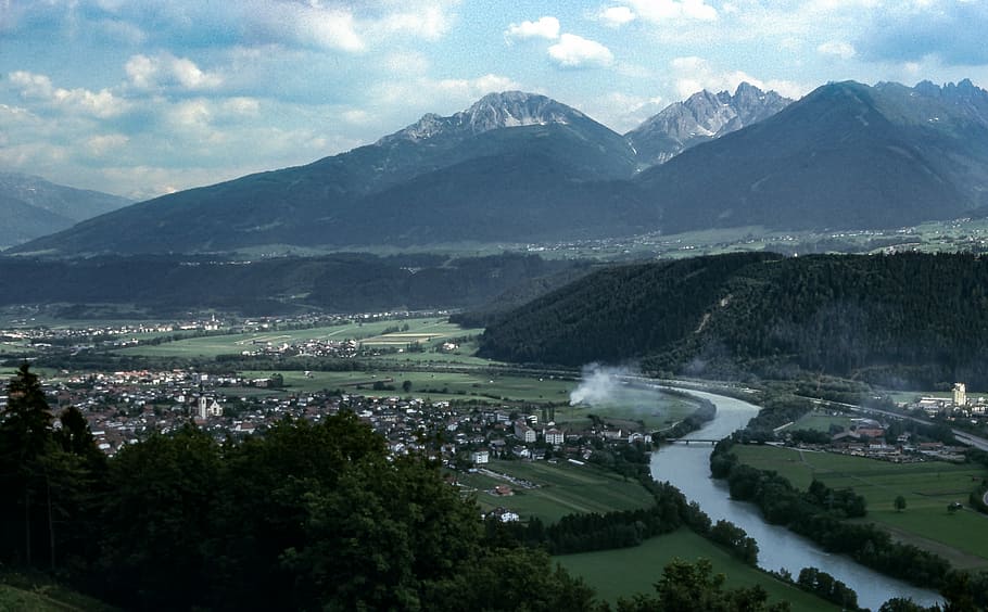 aerial photography of mountains and river, birds eye view of landscape HD wallpaper