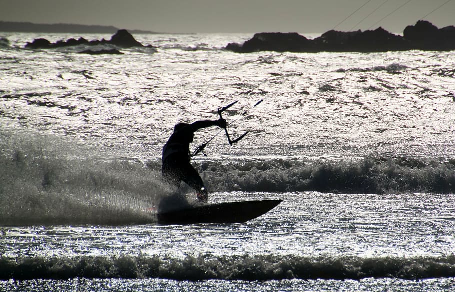 gray scale photography of man riding on surfboard, kite surfing, HD wallpaper