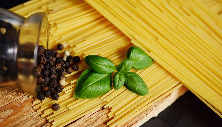 green leaves on top of uncooked pasta, spaghetti, basil, noodles HD wallpaper