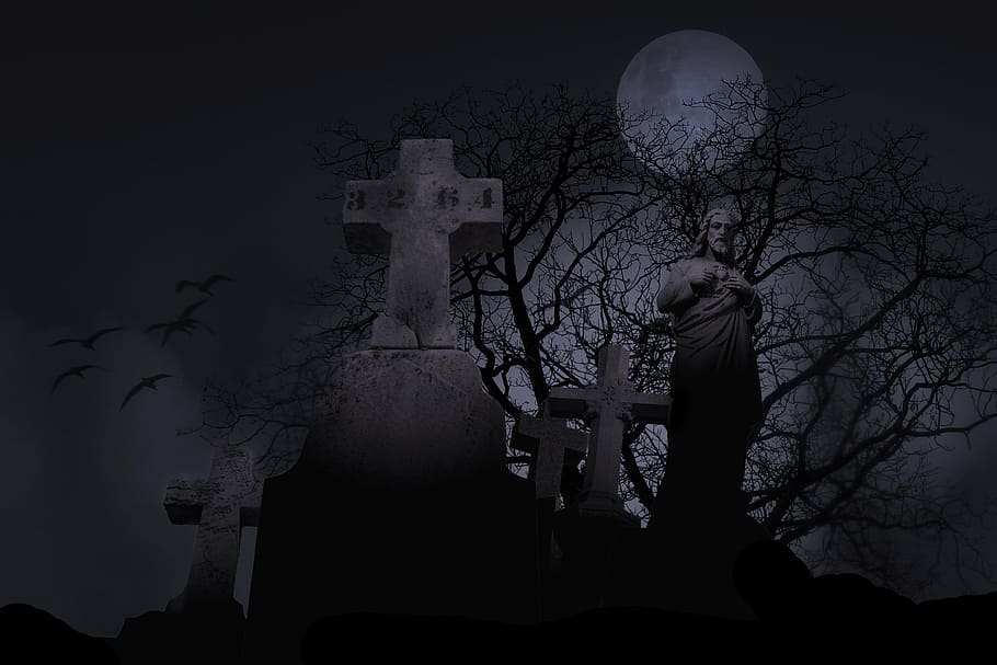 religious statue, cemetery, spooky, graveyard, symbol, night, HD wallpaper