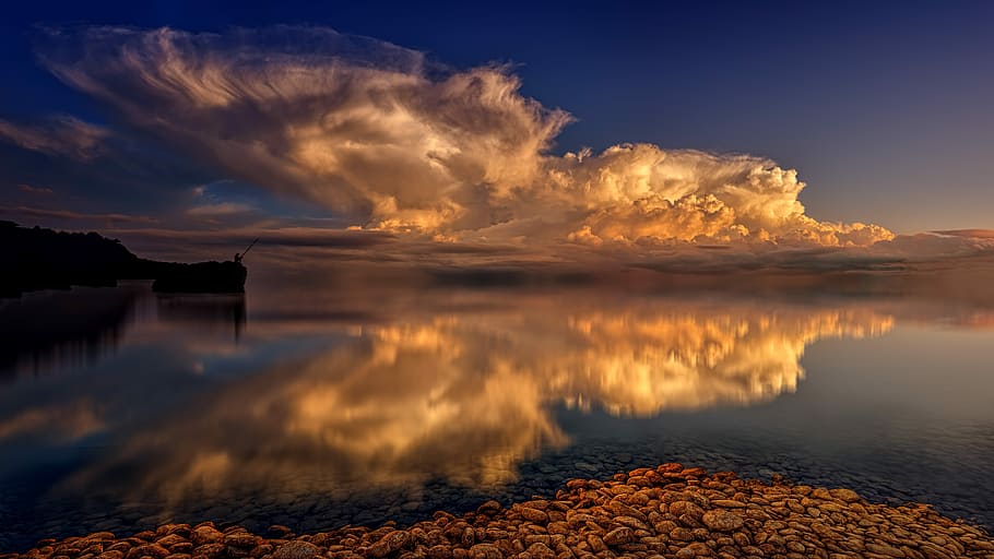 reflective photo of clouds and mountains, sea, mirroring, water HD wallpaper