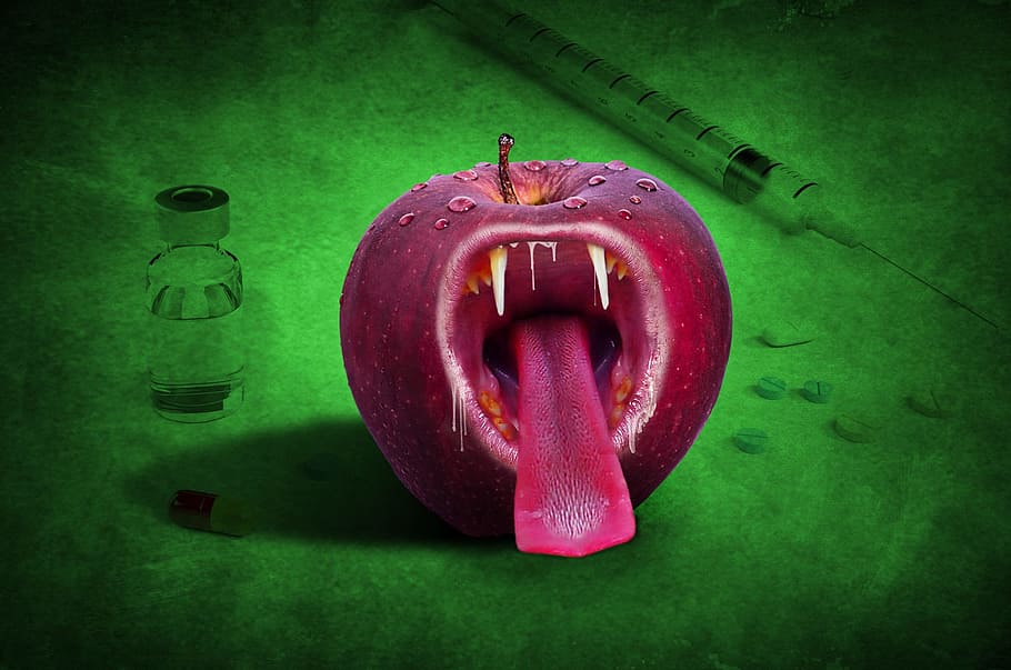 red apple with tongue artwork, virus, viruses, bacteria, ill HD wallpaper