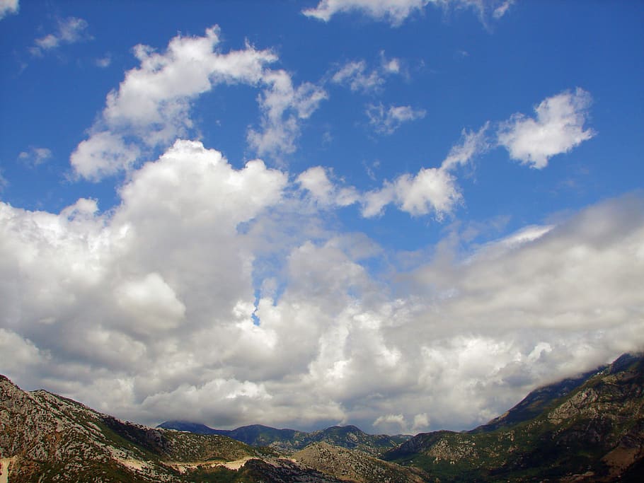 clouds, landscape, blue, sky, scenery, beautiful, mountain range HD wallpaper