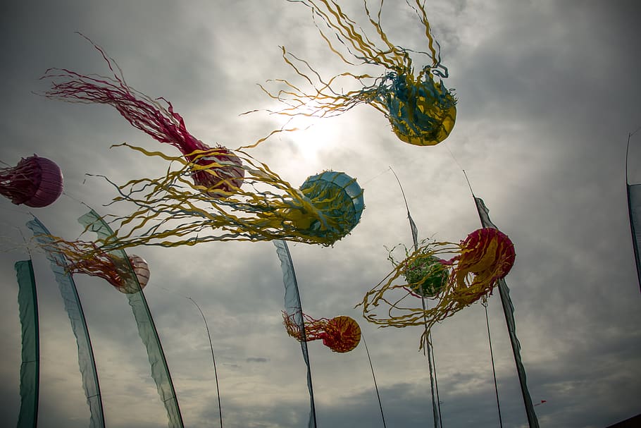 wind, festival, decoration, cloud - sky, low angle view, nature HD wallpaper