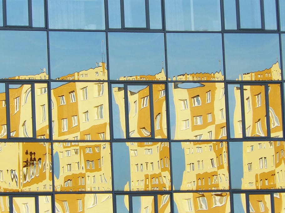 yellow and blue abstract painting, windows, reflection, glass HD wallpaper