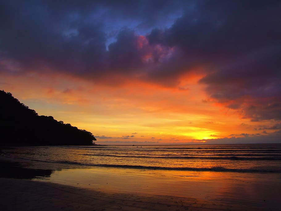 orange sunset, eventide, beach, colorful, mar, nature, water HD wallpaper