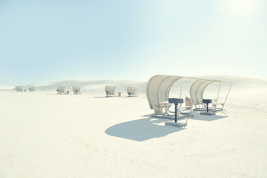 nature, sand, cabana, seating, white, snow, winter, cold temperature HD wallpaper