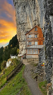 alp, hotel, sunset, sky, mountain, cliff, ebenalp, aescher HD wallpaper
