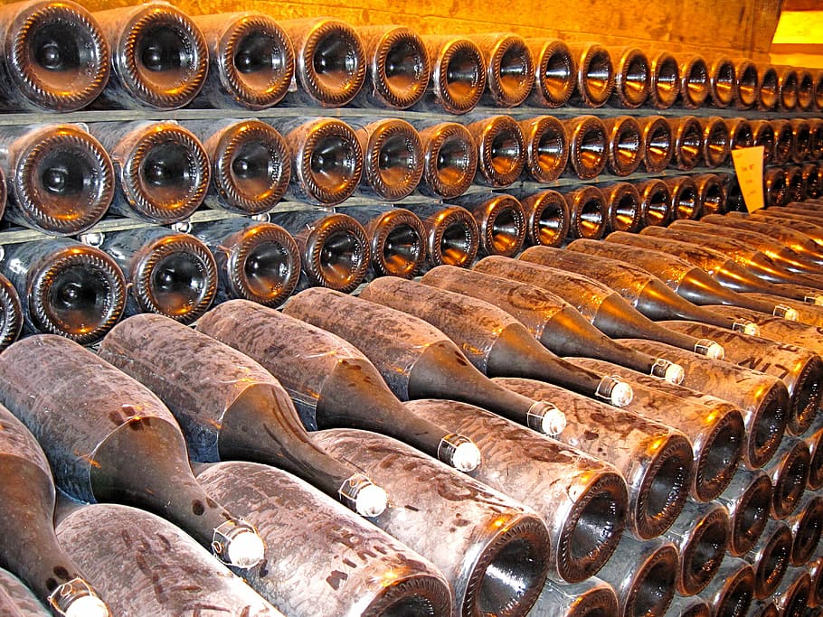 pile of bottles inside cellar, champagne, winery, store, france, HD wallpaper
