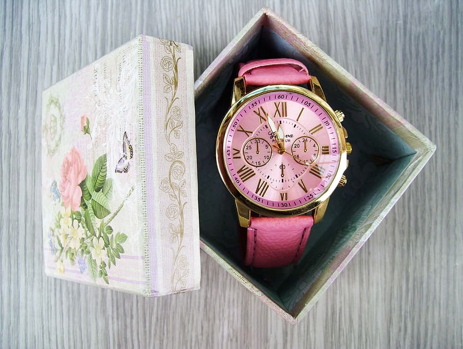 round gold-colored pink chronograph watch inside the box, time HD wallpaper