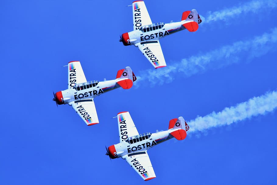 white and red EQSTRA jetplane, air show, aircraft, formation, HD wallpaper