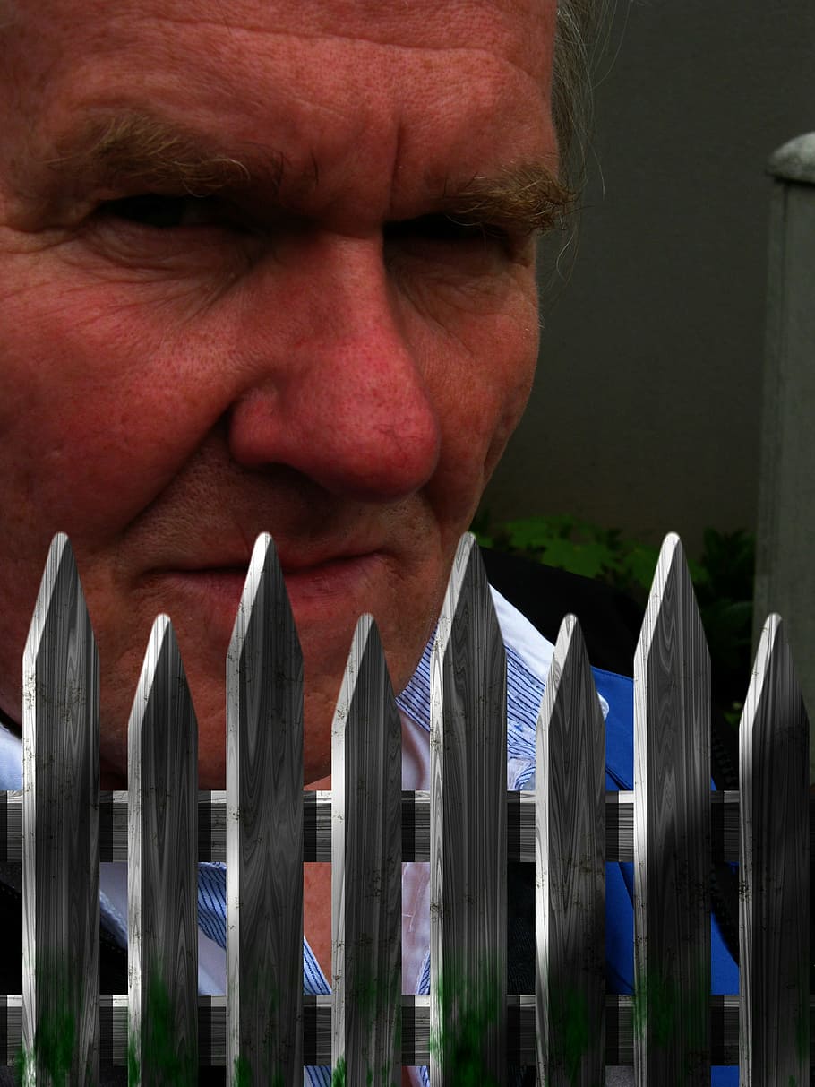 person's face, man, grim, evil, neighbor, fence, garden fence HD wallpaper