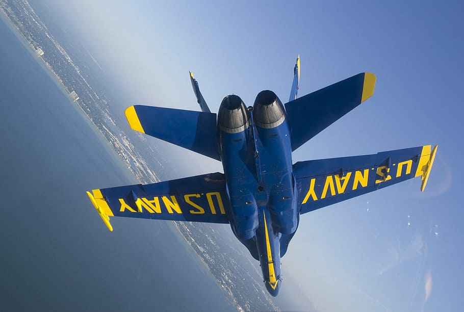 blue and yellow U.S. Navy aircraft on air, blue angels, flight