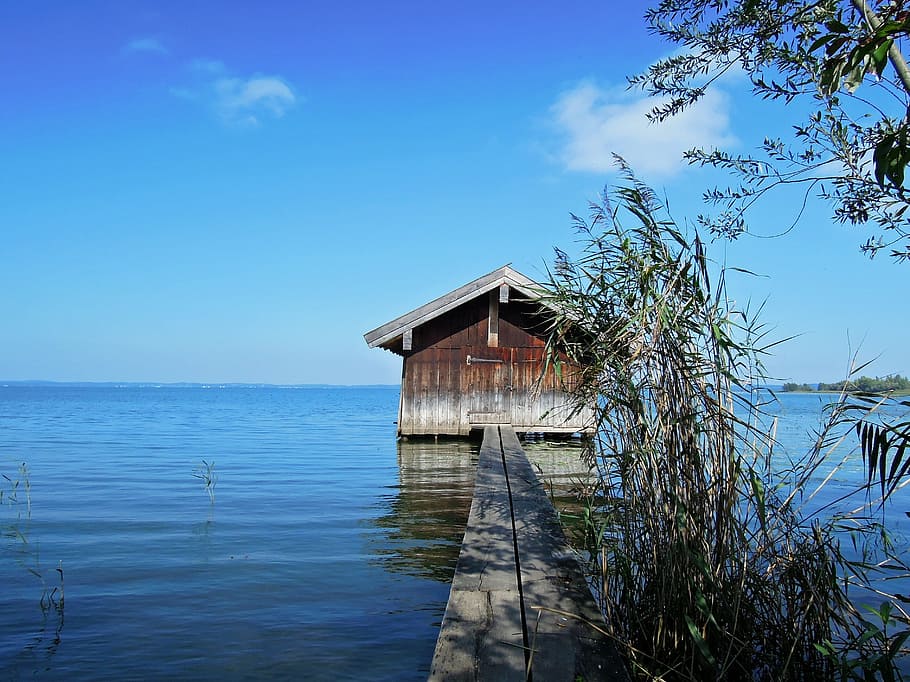 sky, lake, hut, web, blue in blue, jetty, waters, silent, built structure HD wallpaper