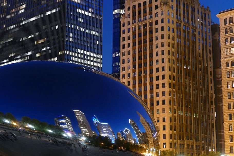 chicago, dusk, evening, skyscraper, skyline, usa, cloud gate HD wallpaper