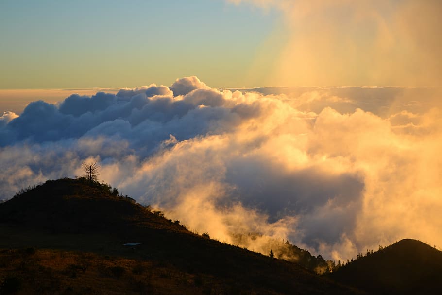 silhouette photo of hill, polipoli, sunset, clouds, mountain HD wallpaper