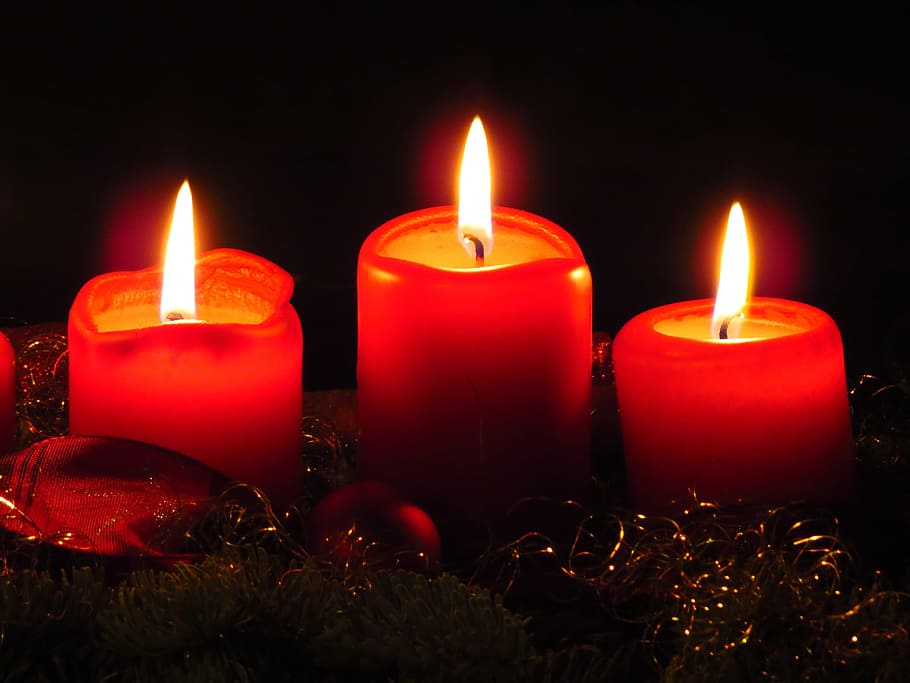 three red candles lighted, advent wreath, flame, christmas, arrangement