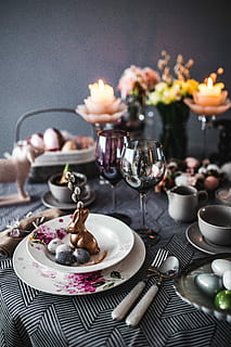 Round dinner table decorated with easter motifs, grey, holidays HD wallpaper