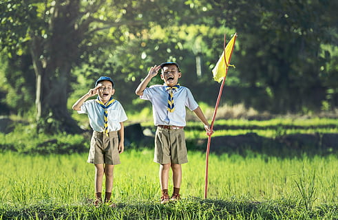 boy's scouts standing on green grass while holding flag, scouting HD wallpaper