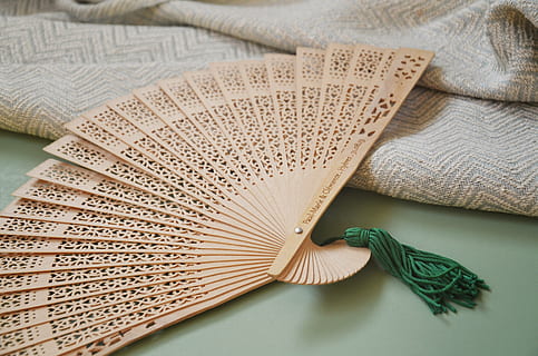 beige hand fan beside beige knitted textile, wedding, decoration HD wallpaper