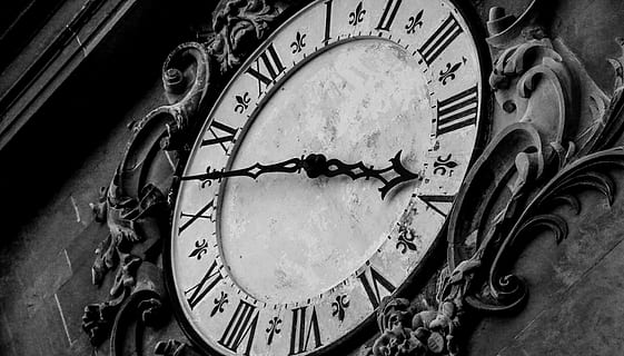 grayscale photograph of analog clock, design, time, watch, symbol HD wallpaper
