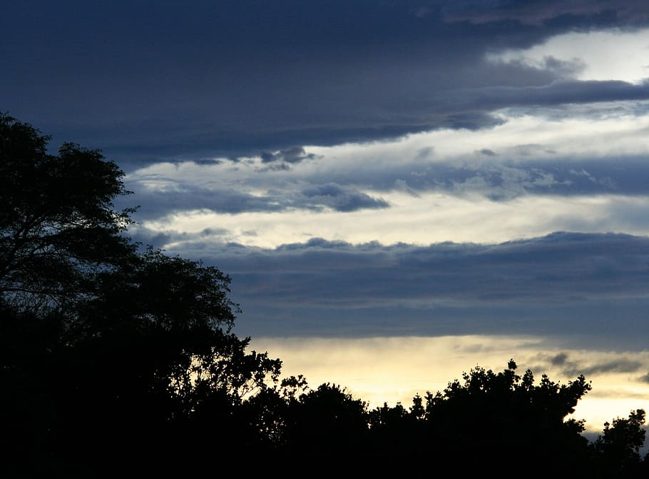 Sunset, Clouds, Streaks, Dark, Blue, gold, light, trees, silhouette HD wallpaper