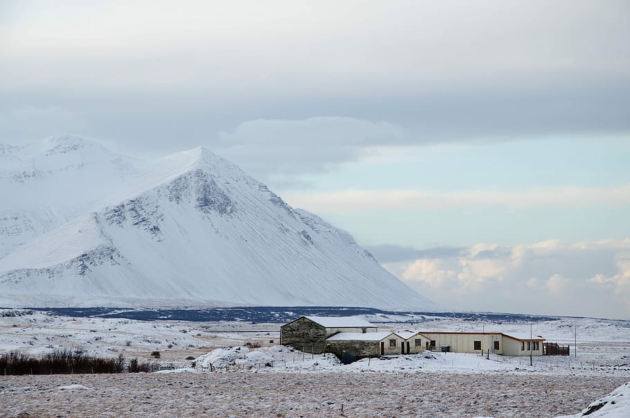 white house near snow mountain, snow covered mountain, landscape HD wallpaper
