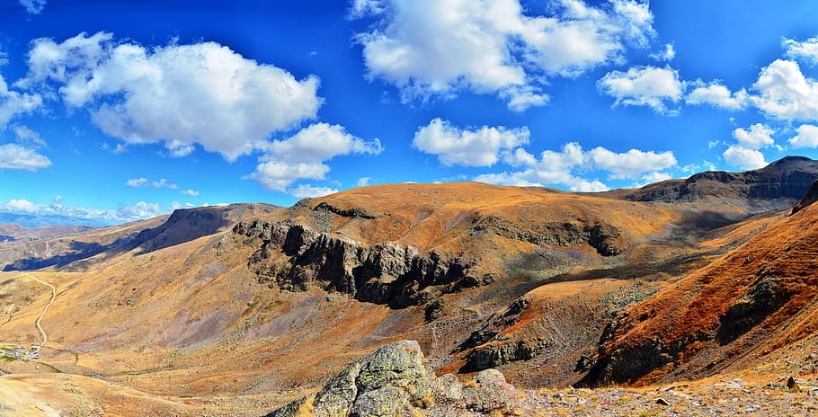 mountain under blue clouds, turkey, nature, landscape, kaçkars, HD wallpaper