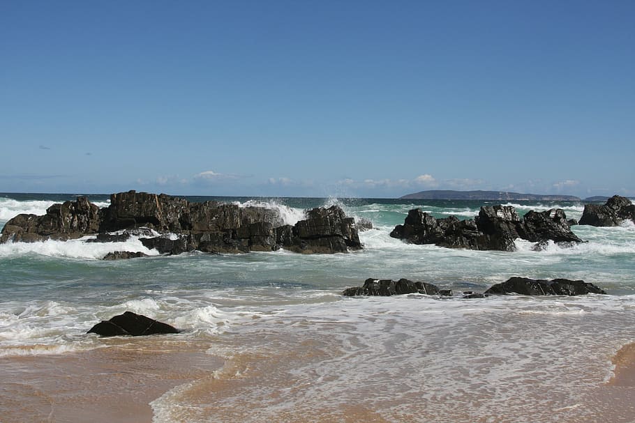 Beach, Sea, Surf, Rock, Nature, Wave, south africa, horizon over water HD wallpaper