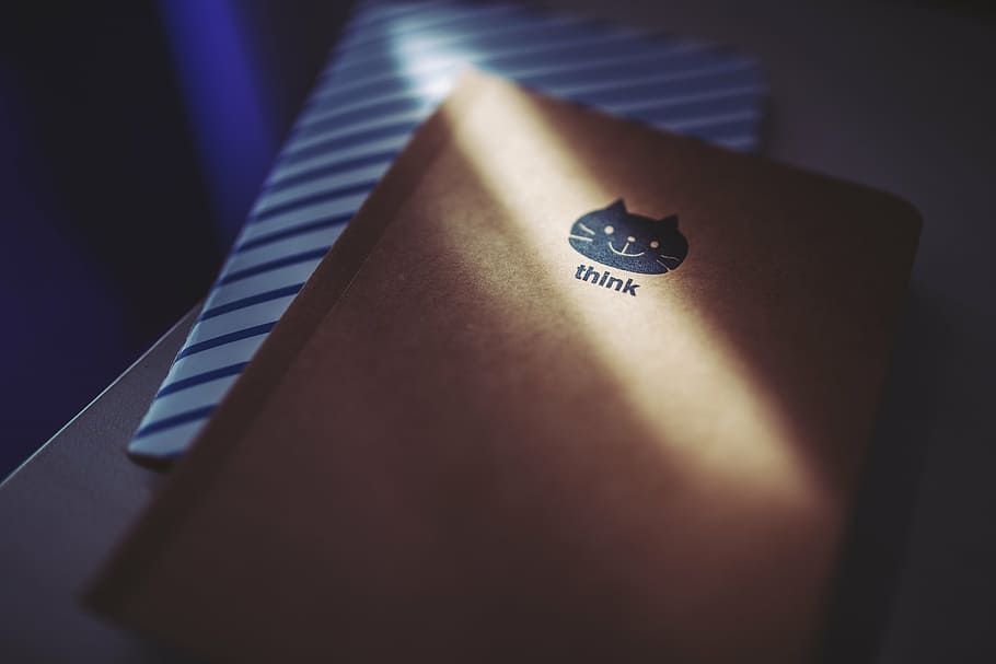 brown notebook, think, cat, notes, vintage, symbols, indoors HD wallpaper