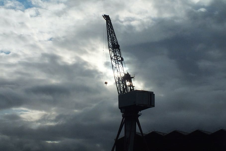 crane, lifting crane, construction, sky, clouds, silhouette HD wallpaper