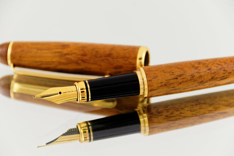 calligraphy, fountain pen, gold, ink, kaufmann, mirroring, wood, HD wallpaper