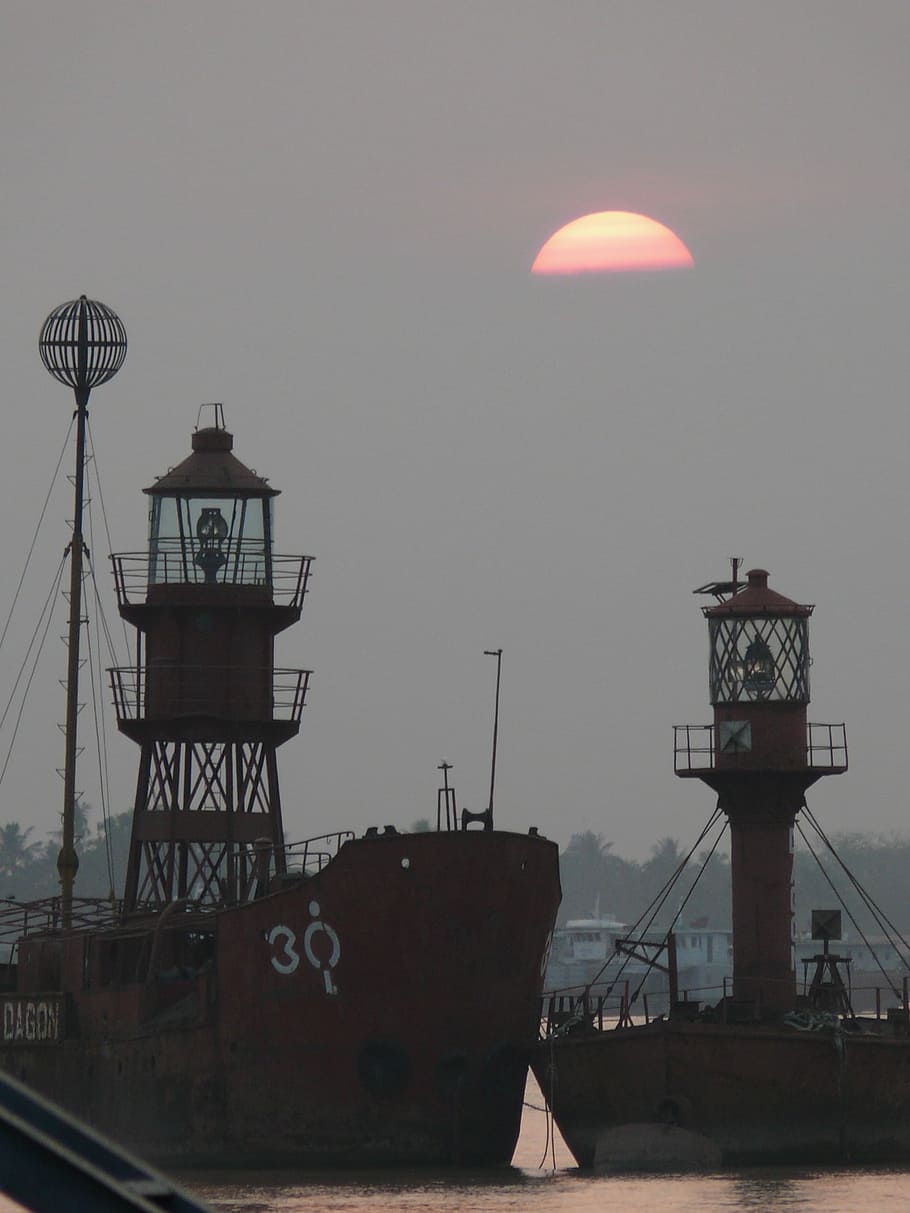 Myanmar, Yangon, River, Sunset, harbor, nautical vessel, commercial dock, HD wallpaper