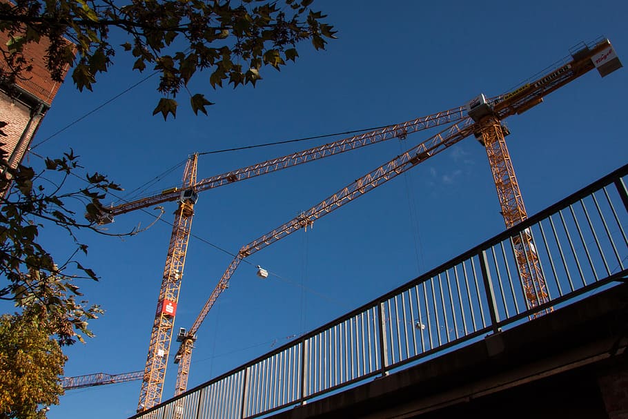 Bridge, Railing, Cranes, Tree, Leaves, sky, blue, site, construction HD wallpaper