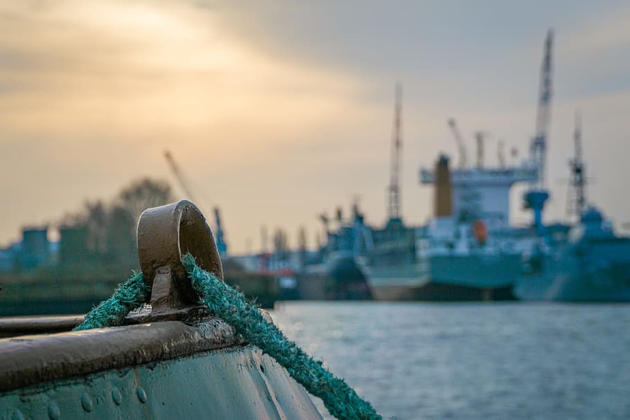sea, dawn, sky, sunset, bridge, cargo, coast, cranes, dock, docks HD wallpaper