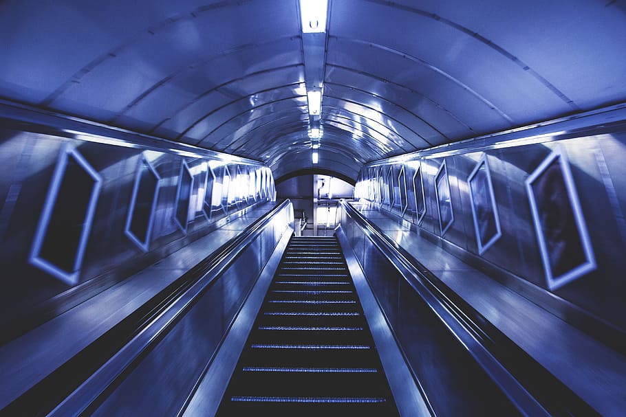 Stair escalator tunnel on the London Underground, urban, city