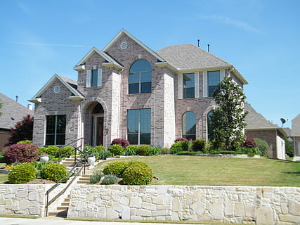 house under clear sky, brick house, rock wall, architecture HD wallpaper