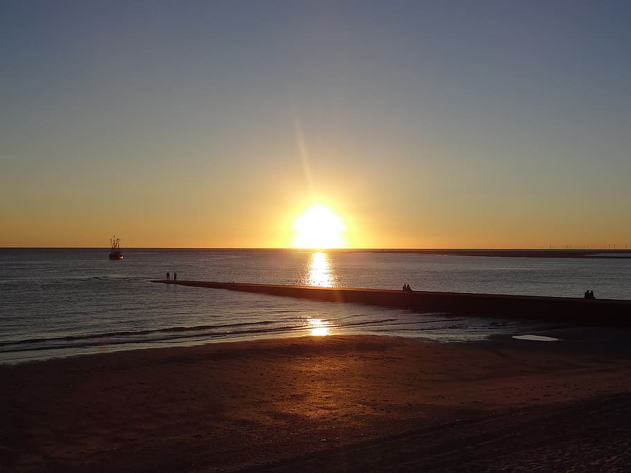 sunset, waters, dawn, dusk, evening, sky, beach, ocean, schönwetter HD wallpaper