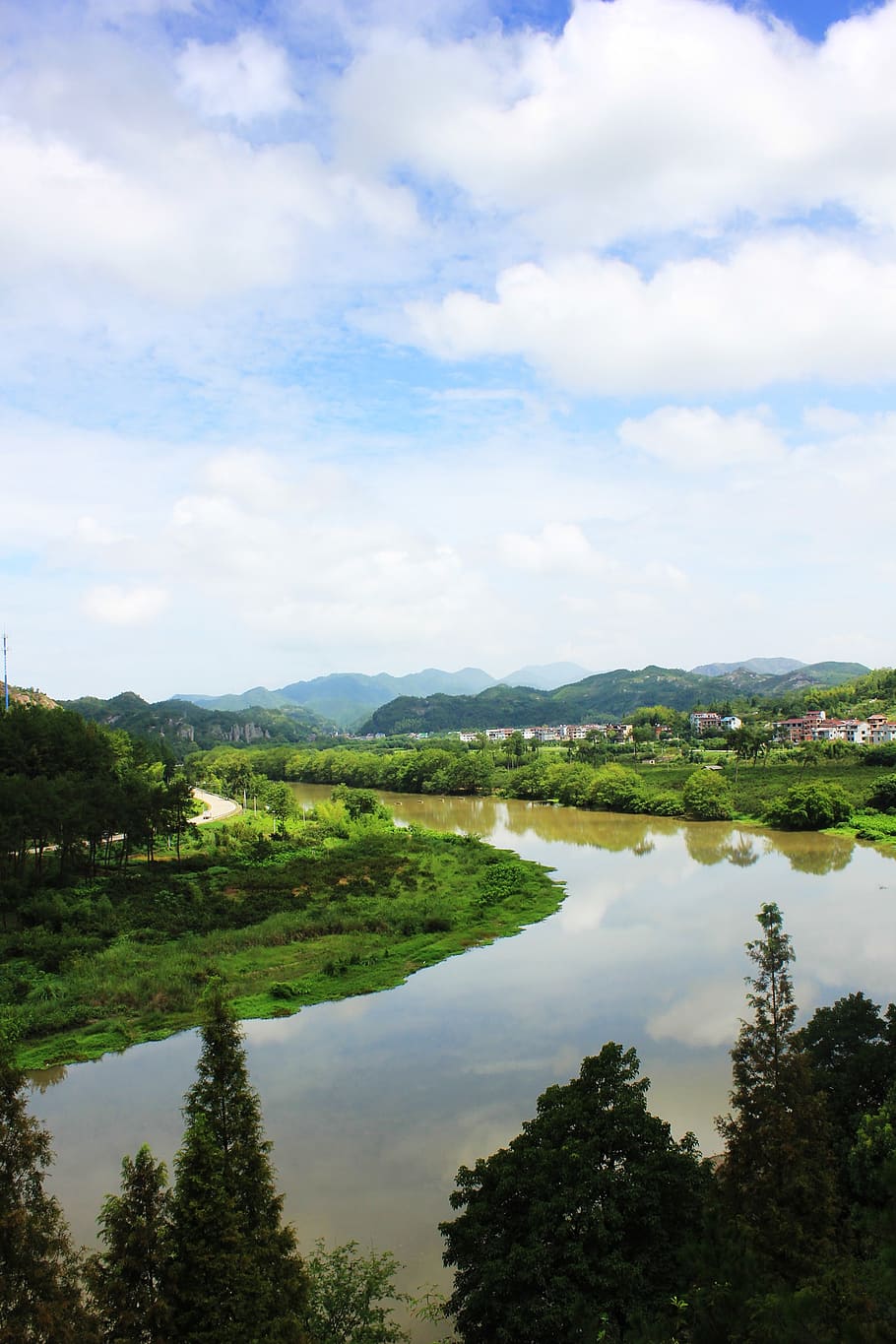 mountain, water, the scenery, cloud, river, sky, cloud - sky HD wallpaper