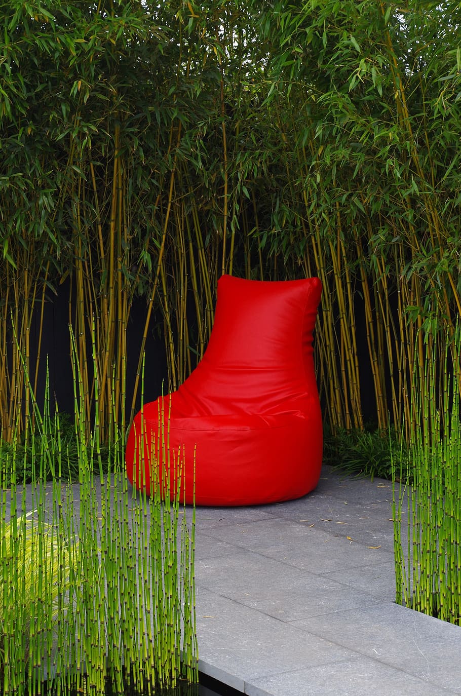 red bean bag, mindset, faq, green, chair, trees, willow, reeds, HD wallpaper