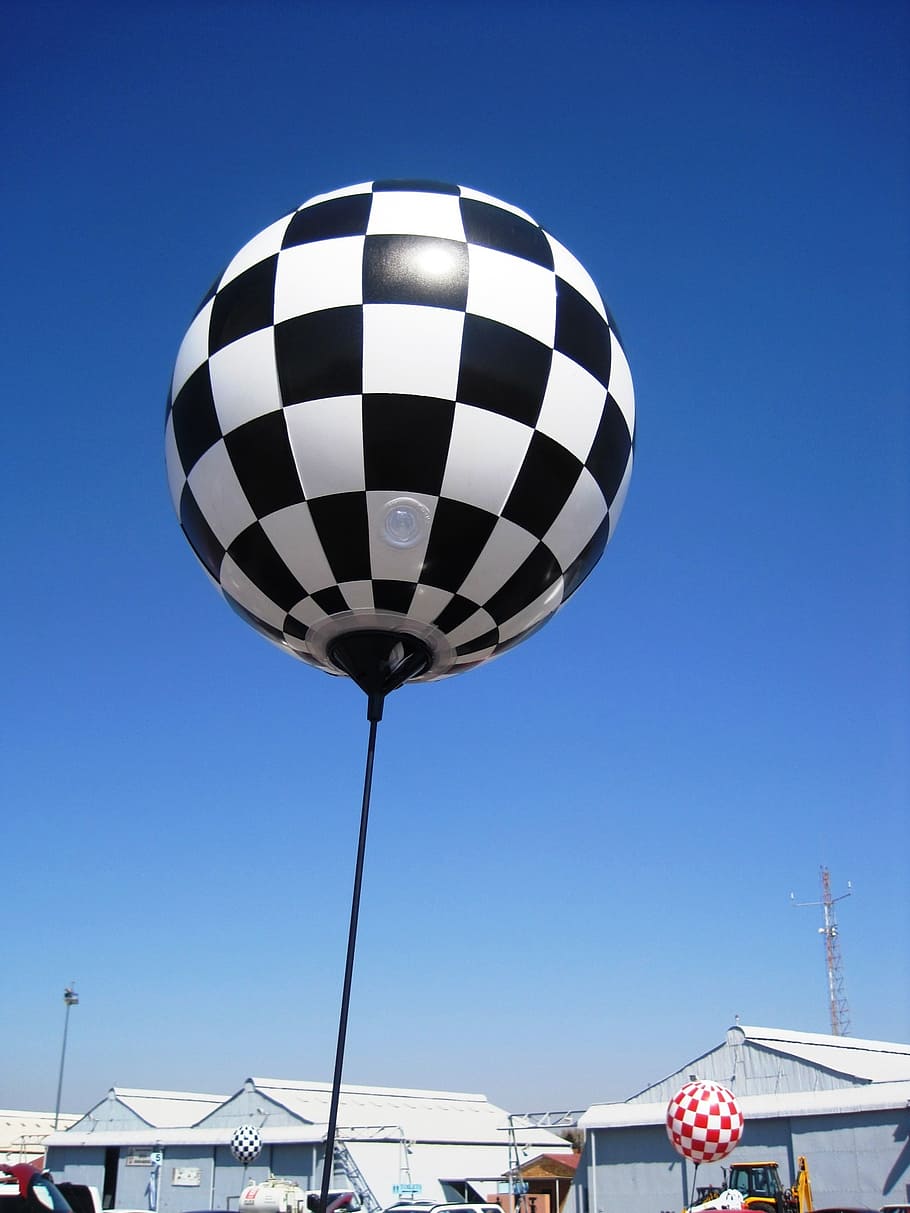 balloon, round, shiny, blocks, white, black, afloat, checkered HD wallpaper