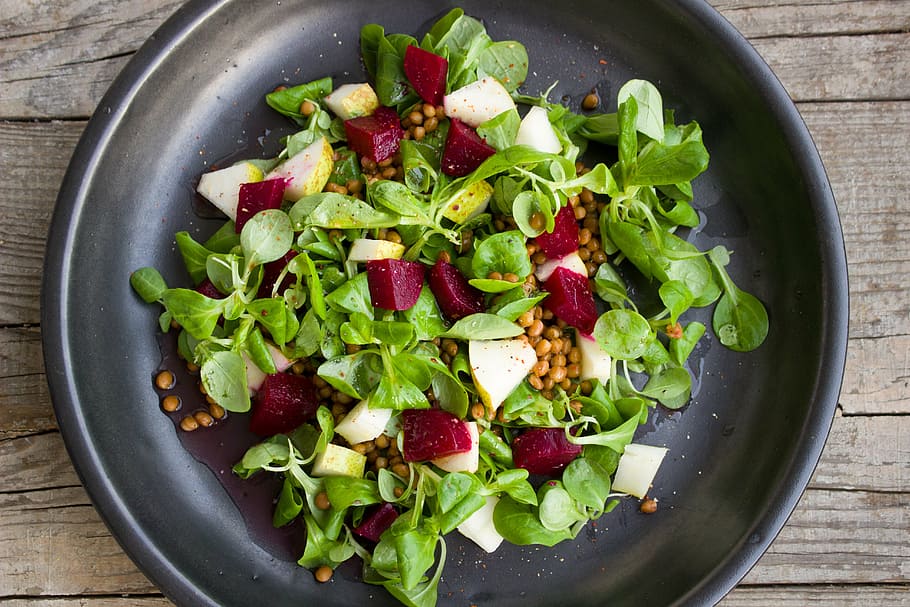 high-angle photograph of vegetable dish on bowl, salad, lenses HD wallpaper