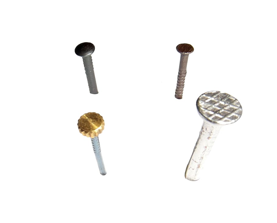 four assorted screws collage, nail, nails, hammer, tool, pin, HD wallpaper