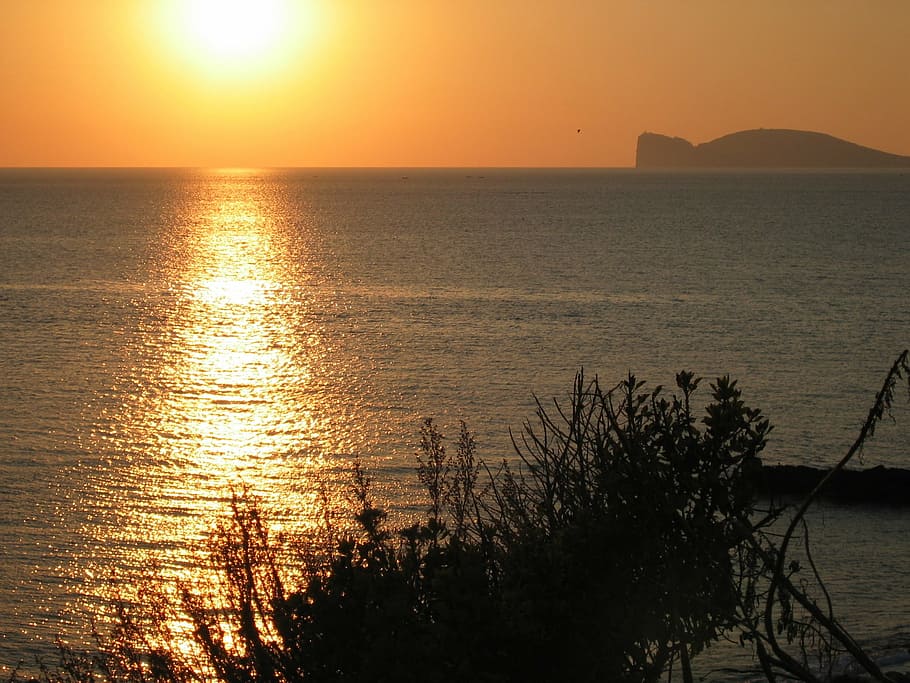 sunset, sea, sky, sardinia, italy, horizon, landscape, calm sea HD wallpaper